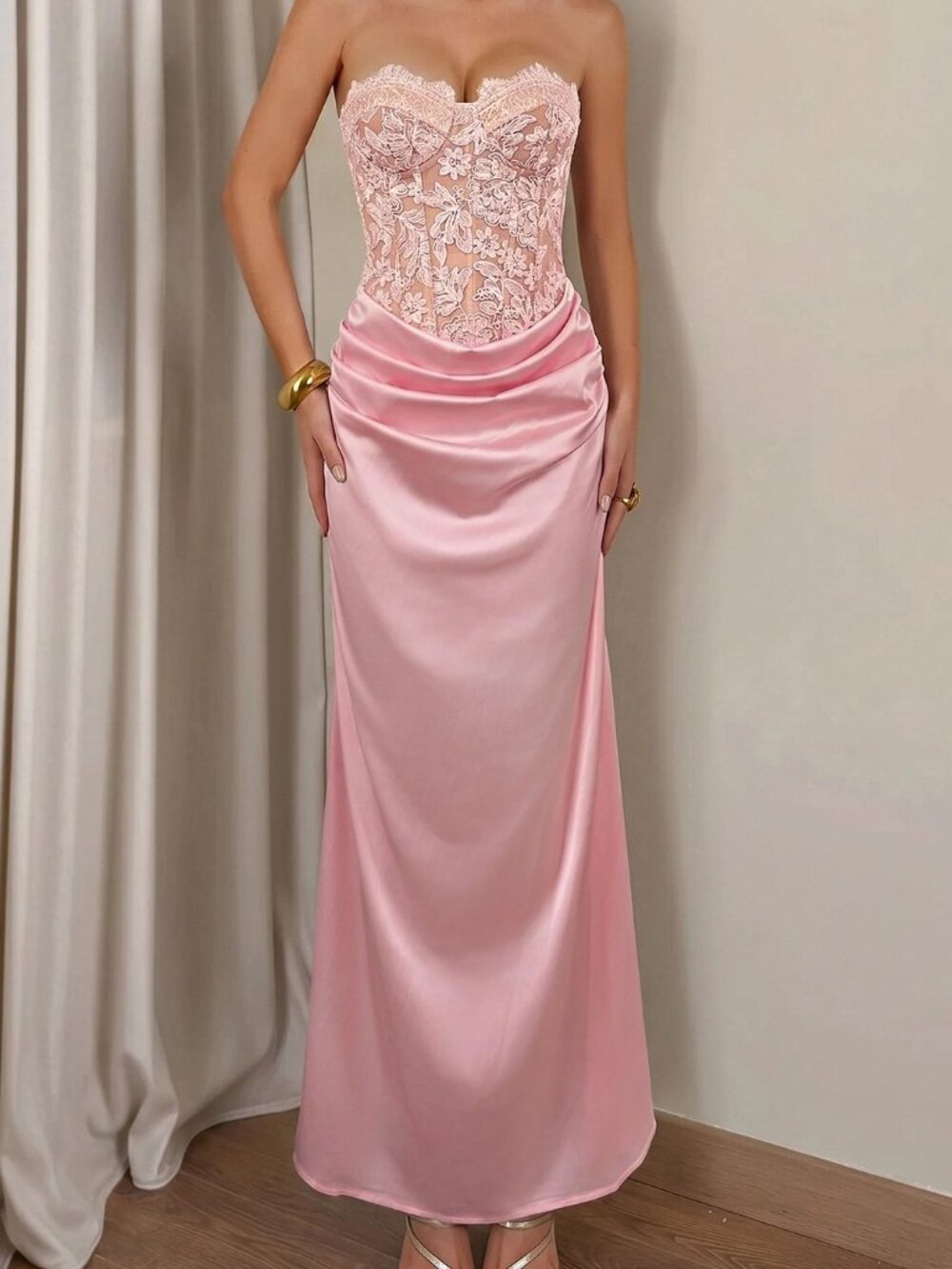 Pink Elegant Women's Lace Applique Strapless Long Dress